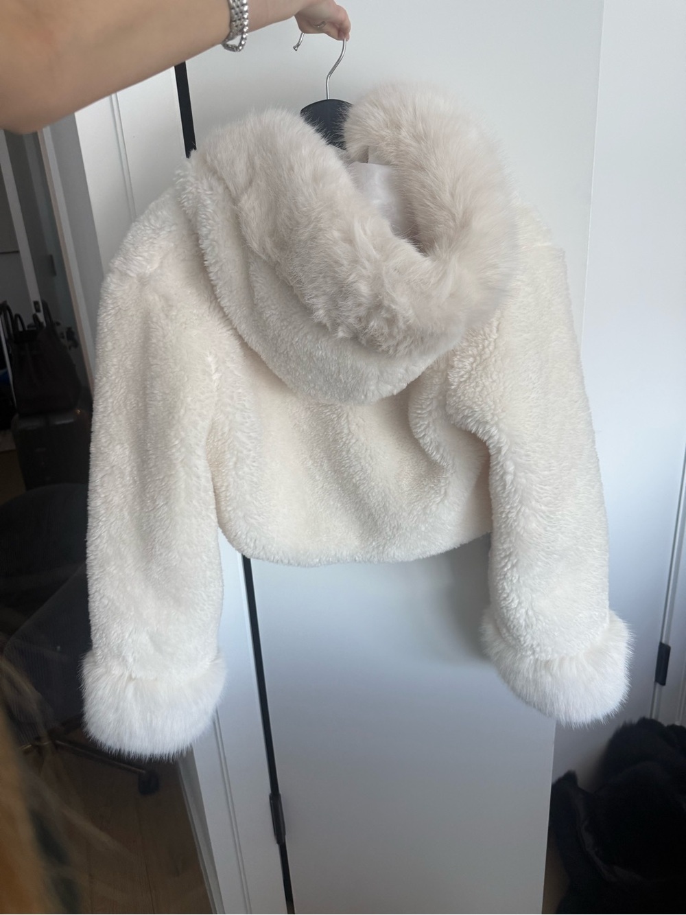 Plush White Faux Fur Hooded Jacket - Picture 8 of 8